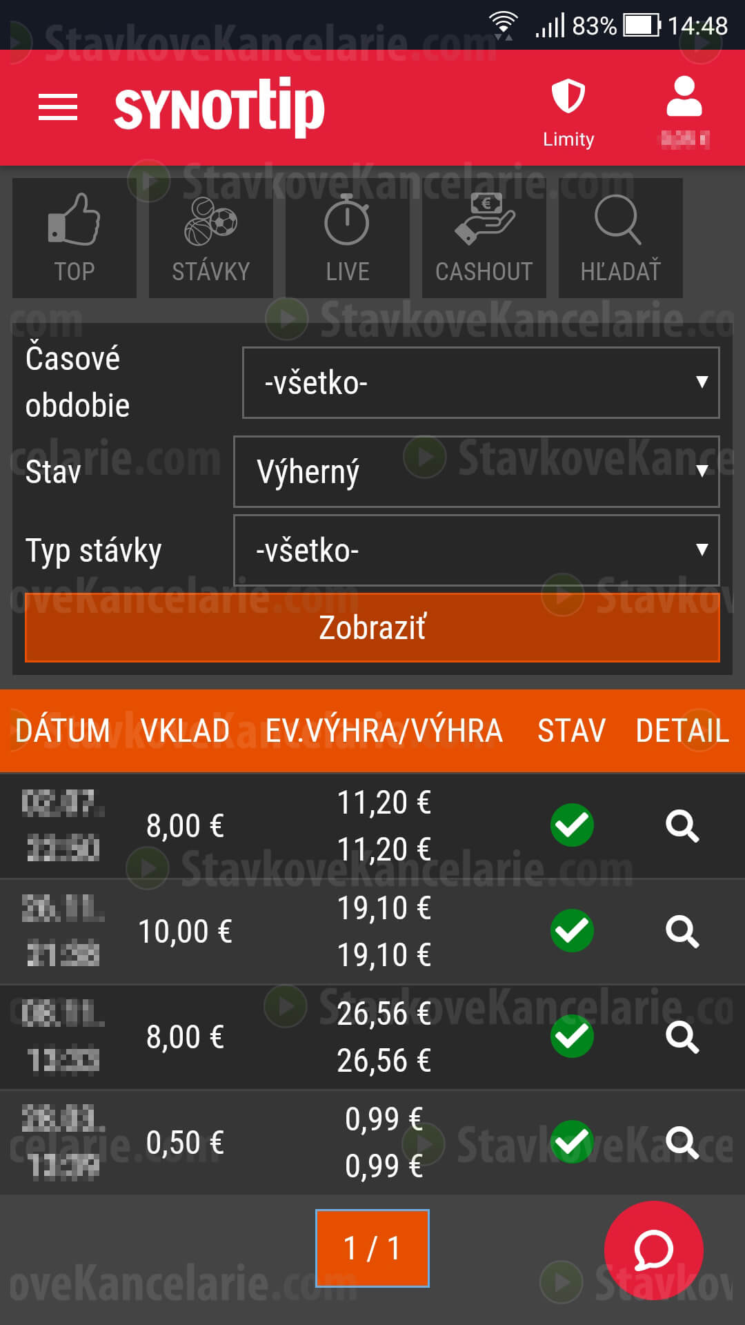 Filter podaných tiketov v aplikácii SYNOTTIP