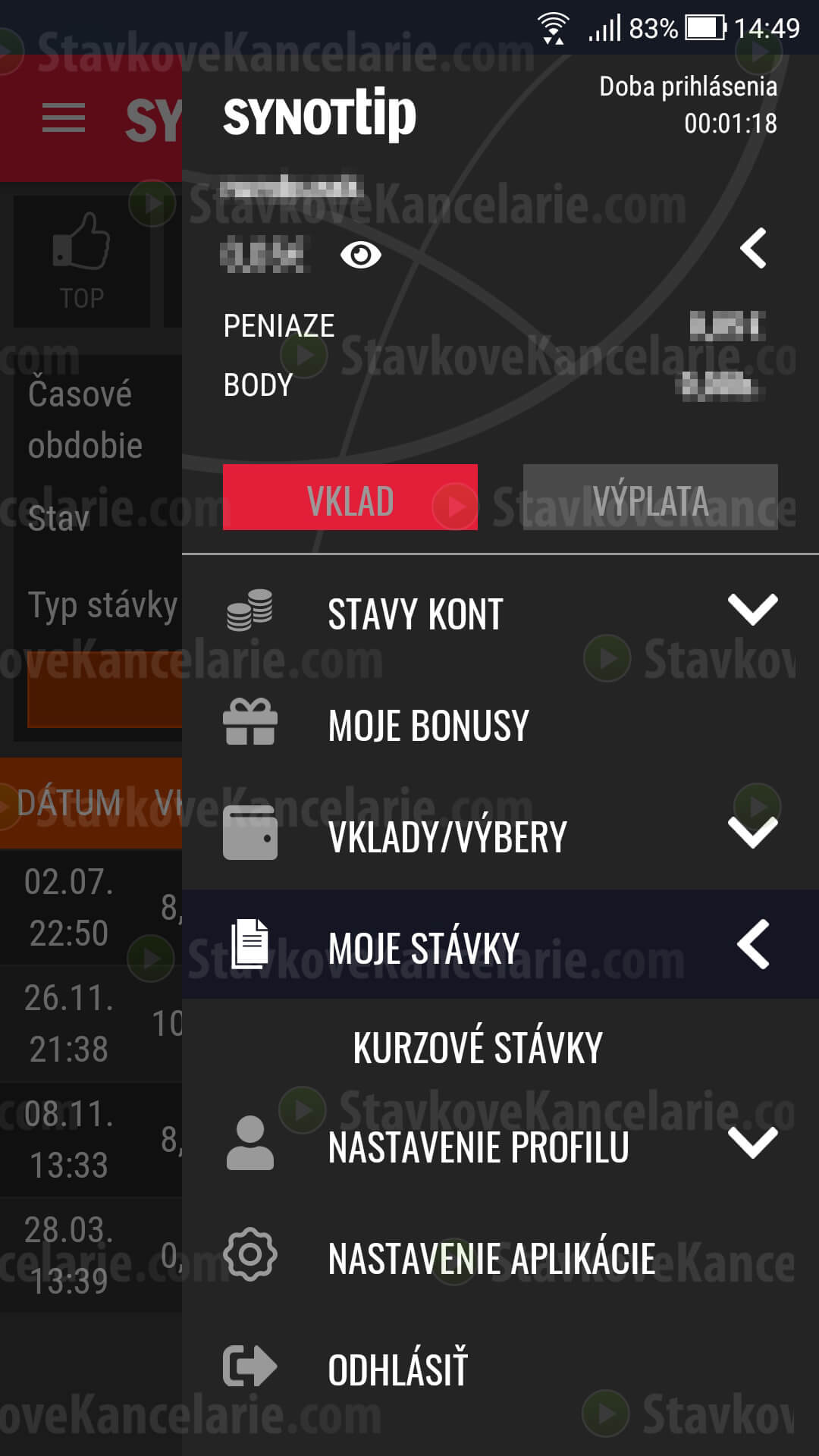 Menu v aplikácii SYNOTTIP