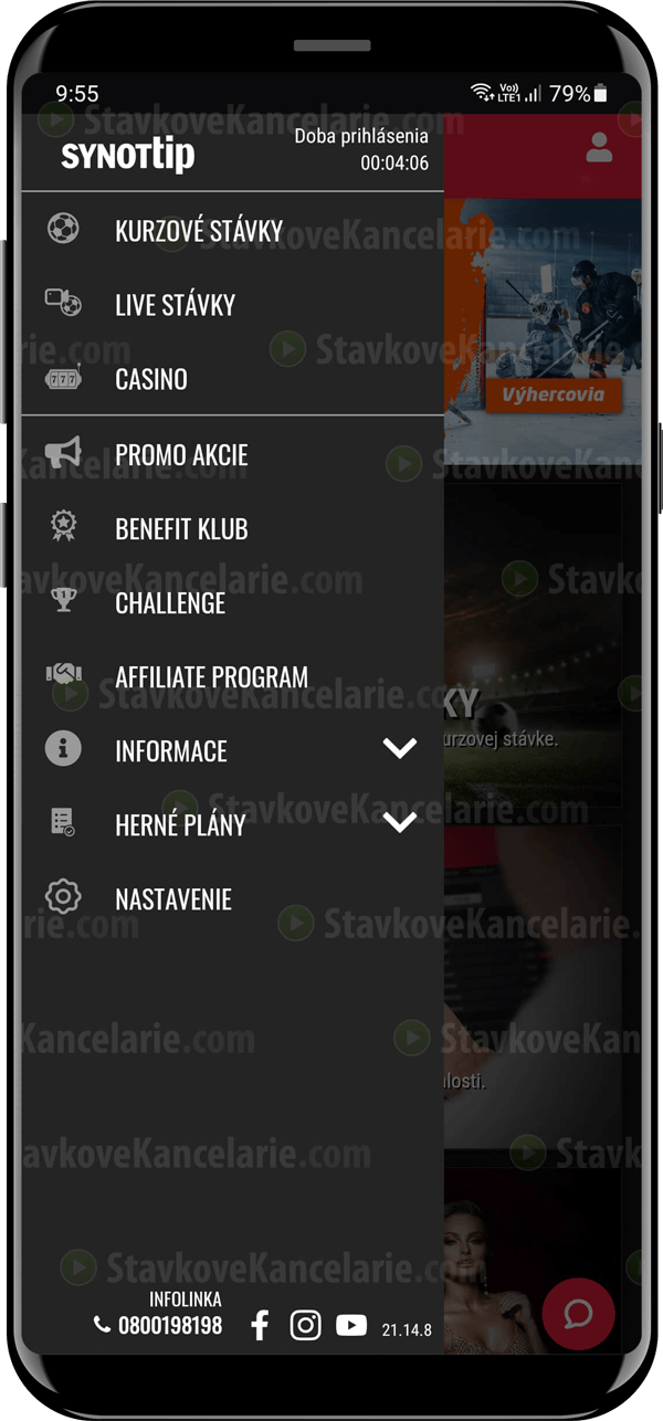 Bočné menu mobilnej aplikácie SynotTip