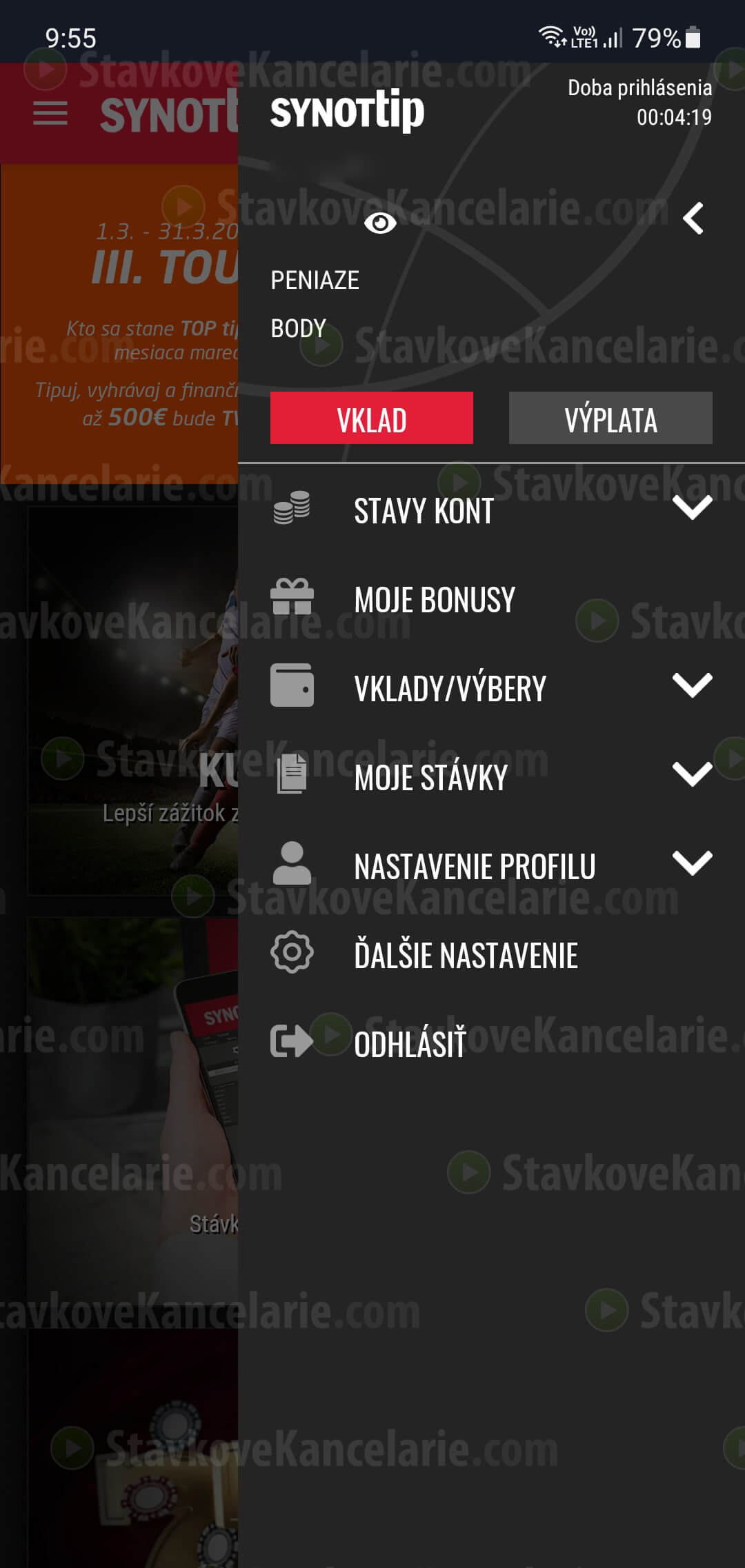 Menu nastavení aplikácie SYNOT TIP