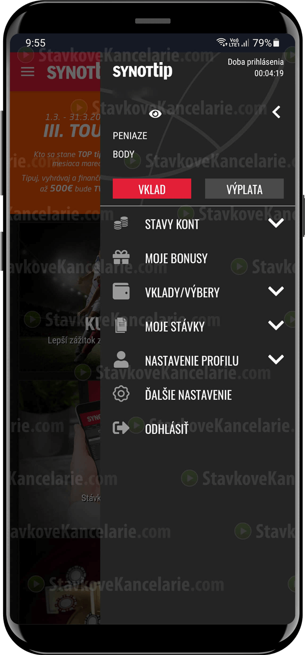 Menu nastavení aplikácie SYNOT TIP