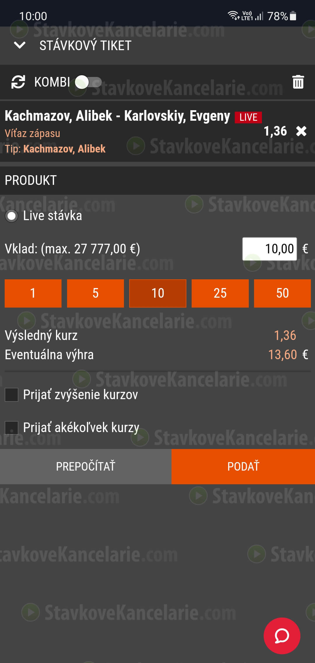 Live stávka v mobilnej aplikácii SYNOT TIP