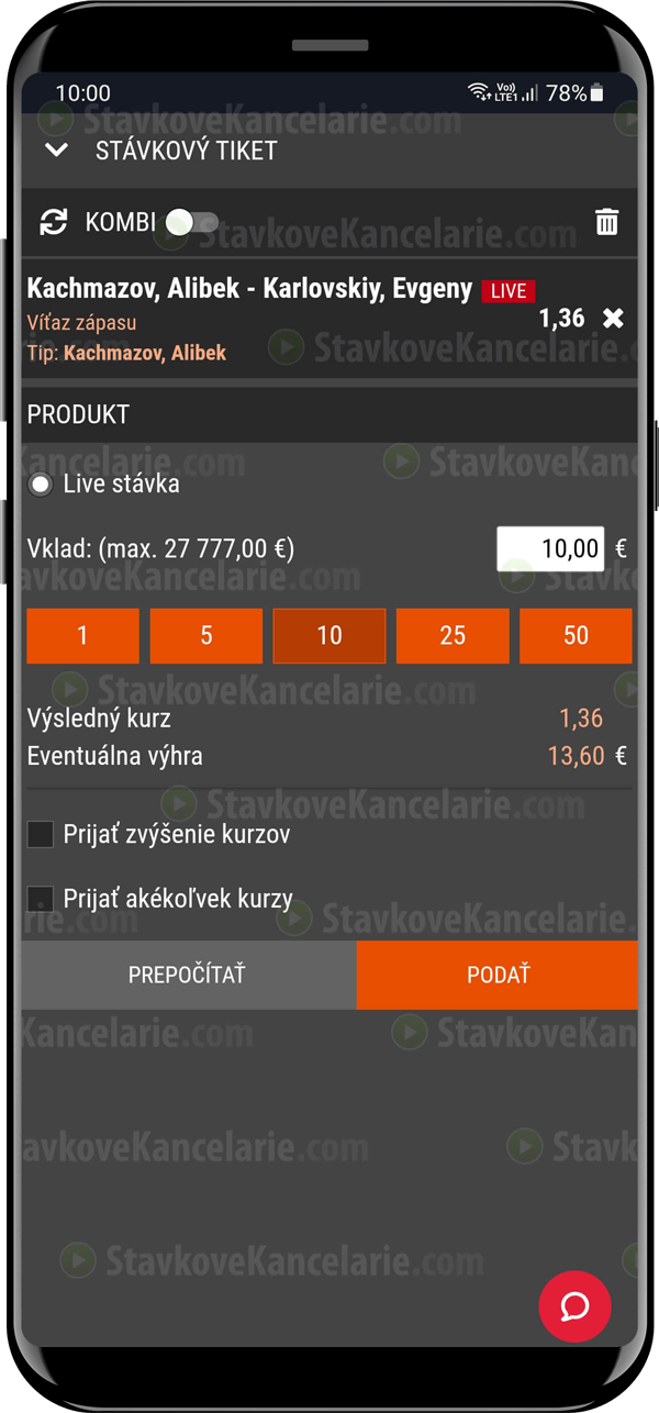 Live stávka v aplikácii SYNOT TIP