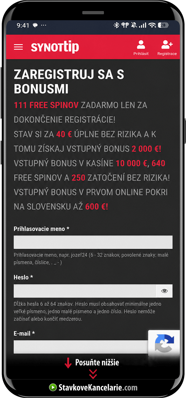 Registračný formulár SynotTip v mobile s pokynom posunúť sa nižšie