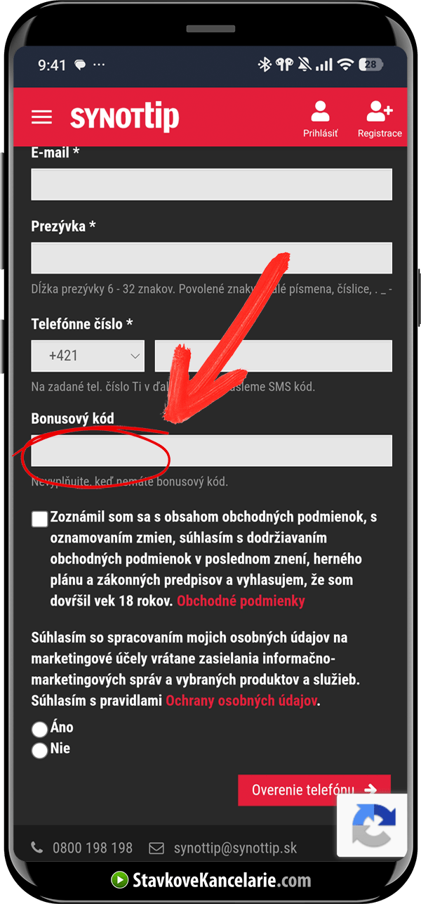 Pole Bonusový kód pri registrácii do SynotTip cez mobil