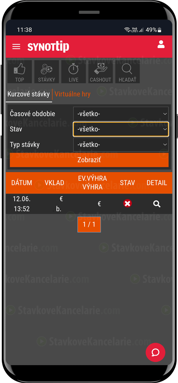 Filter podaných tiketov v aplikácii SYNOTTIP