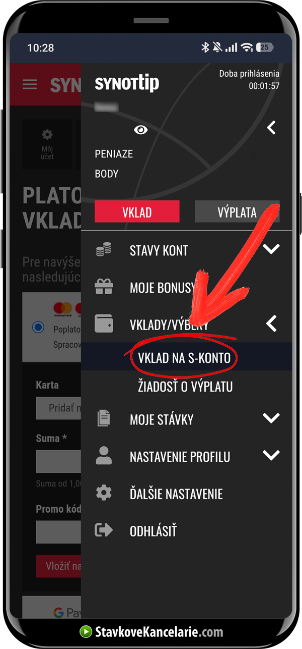 Mobilné menu SynotTip s voľbou Vklad na S-konto