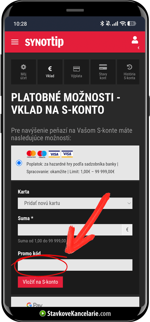 Pole Promo kód pri vklade na S-konto cez mobil v SynotTipe