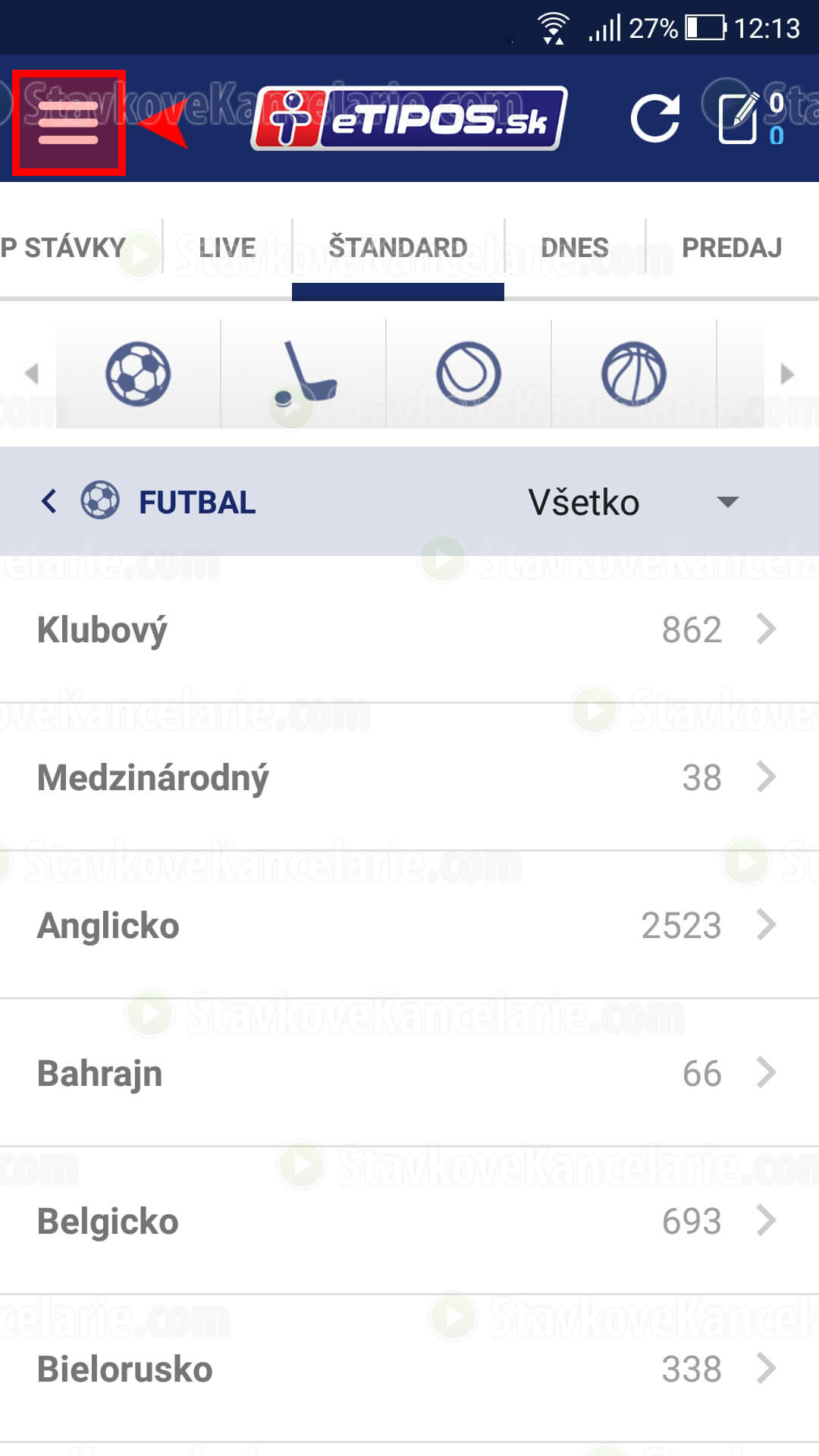 Bočné menu v aplikácii eTIPOS šport