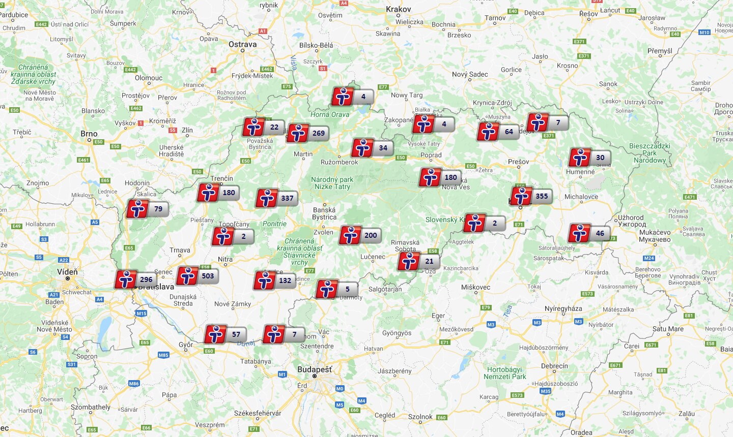 Mapa pobočiek Tiposu na Slovensku