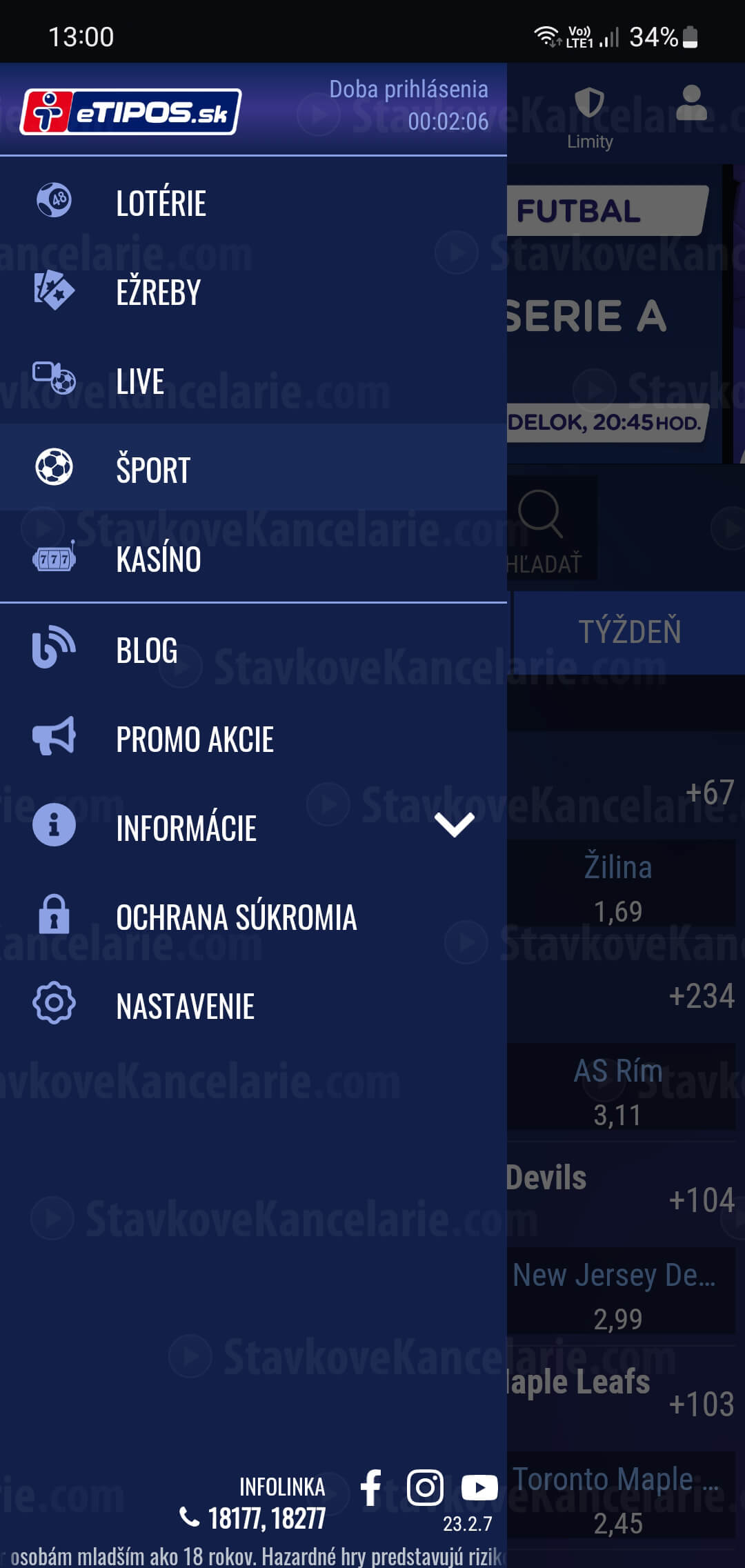 Bočné menu mobilnej aplikácie TIPOS