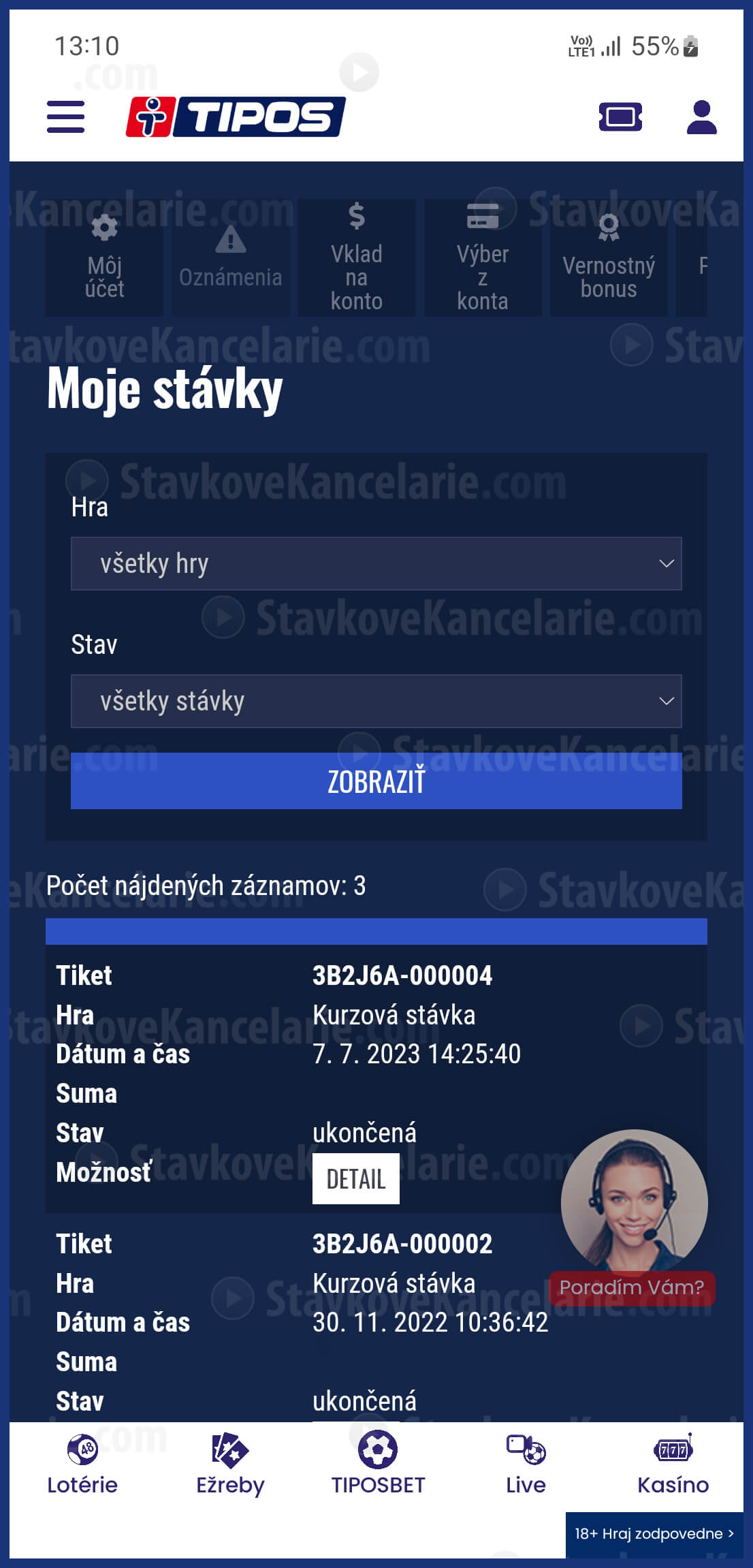 Prehľad tiketov v aplikácii eTIPOS šport