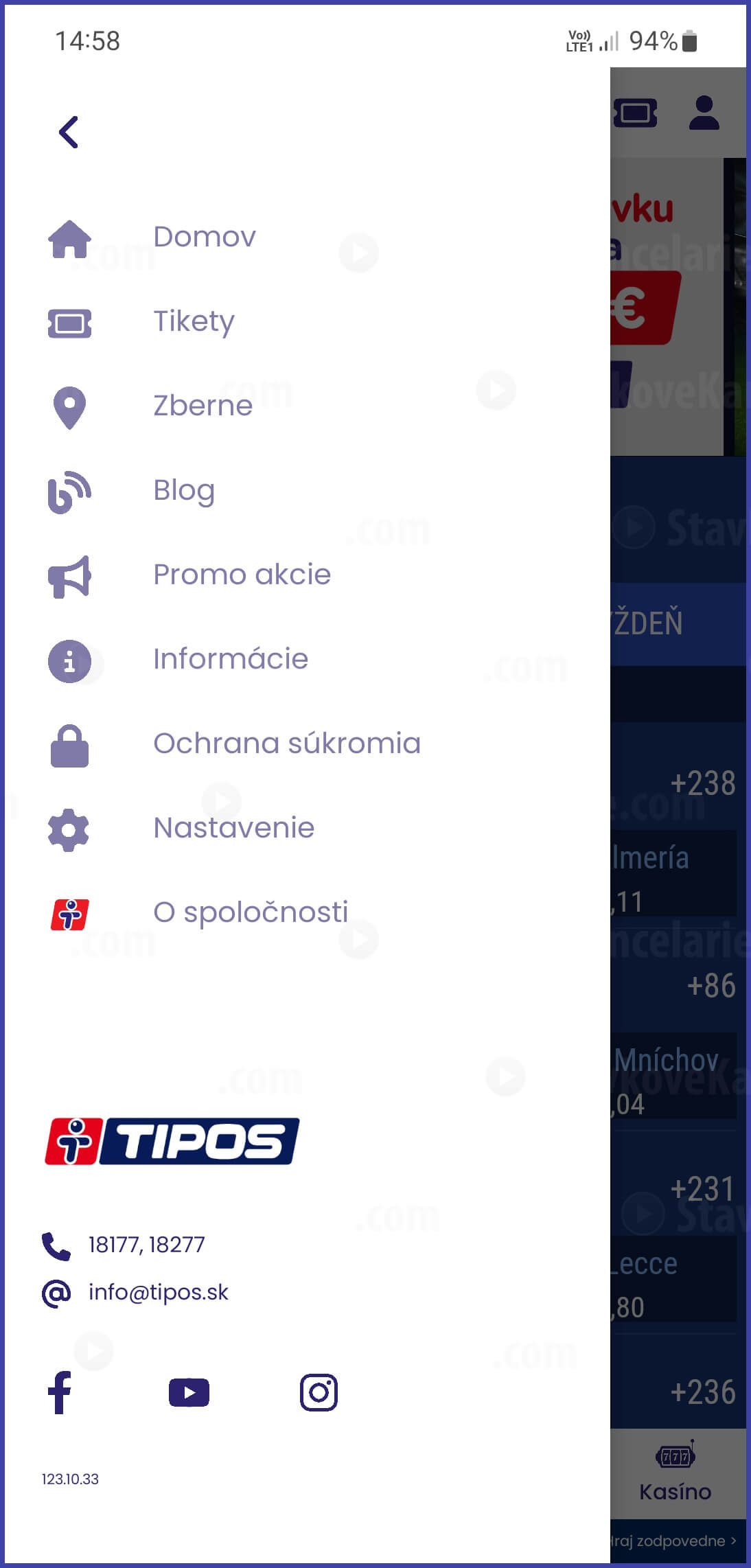 Bočné menu mobilnej aplikácie TIPOSBET
