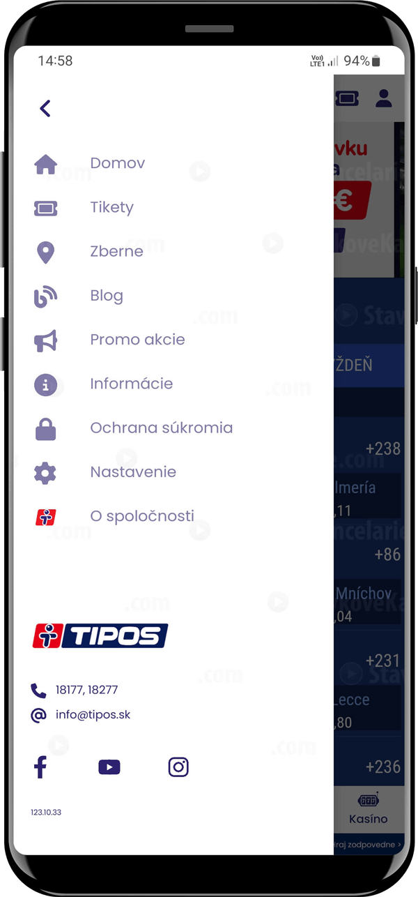 Bočné menu mobilnej aplikácie TIPOSBET
