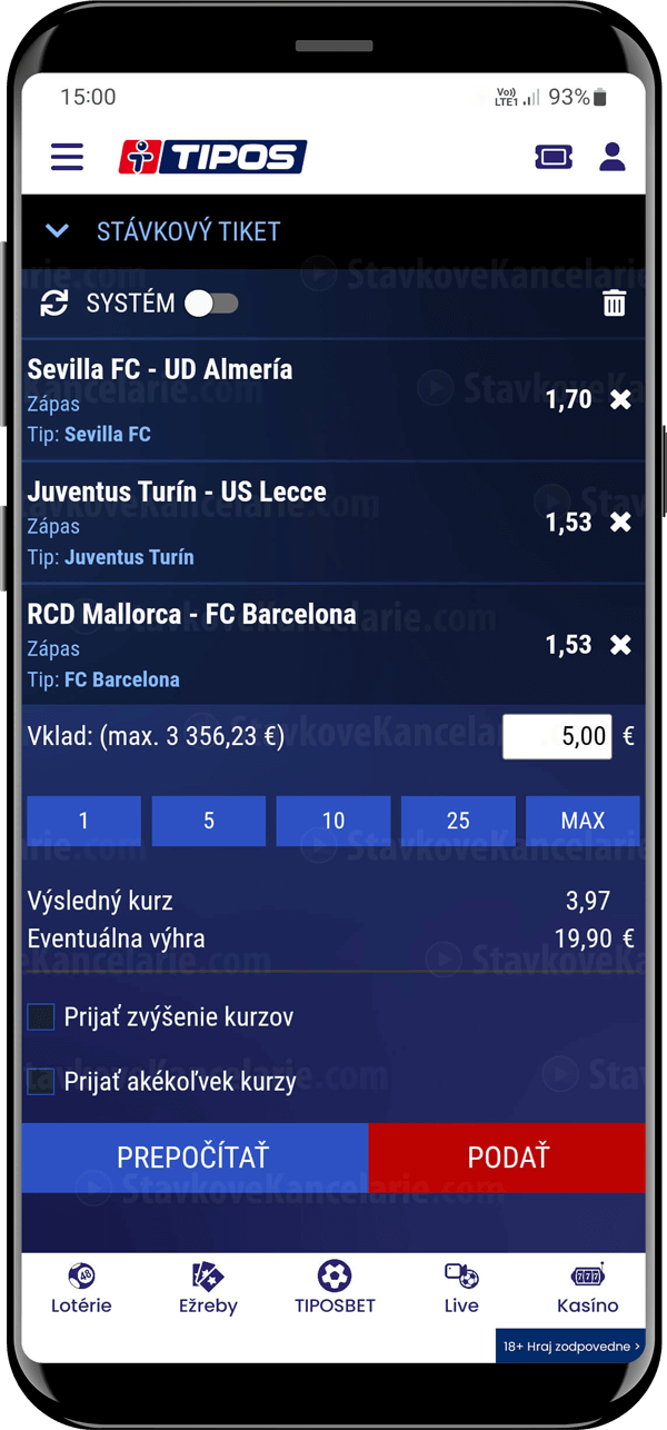 Tiket v aplikácii stávkovej kancelárie TiposBet