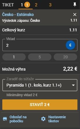 Ukážka, ako zaradiť tiket do súťaže Tipsport Pyramída pri podávaní stávky