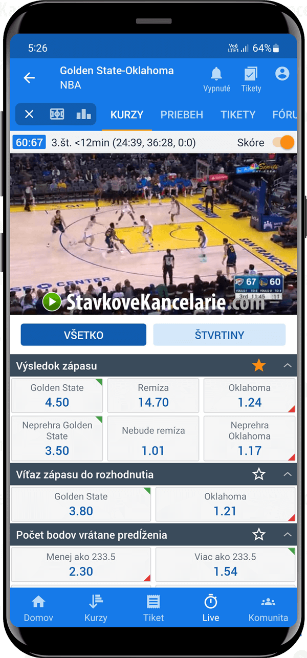 NBA live stream v Tipsport aplikácii