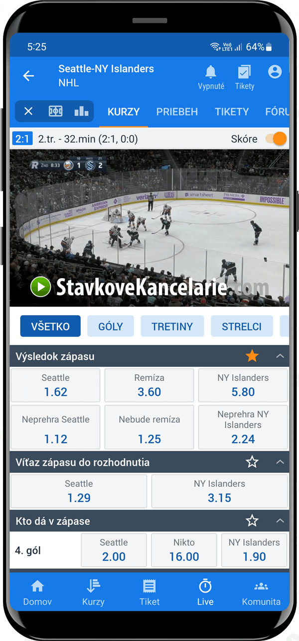 NHL live stream v mobilnej aplikácii Tipsport