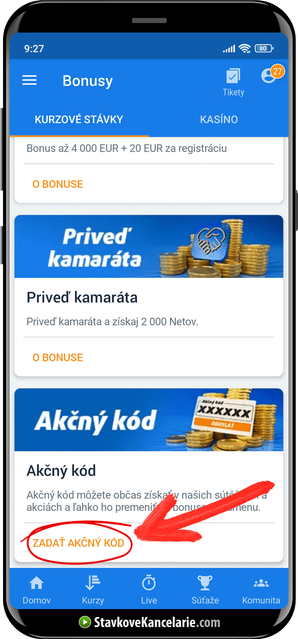 Screenshot sekcií kde sa zadáva akčný kód Tipsport