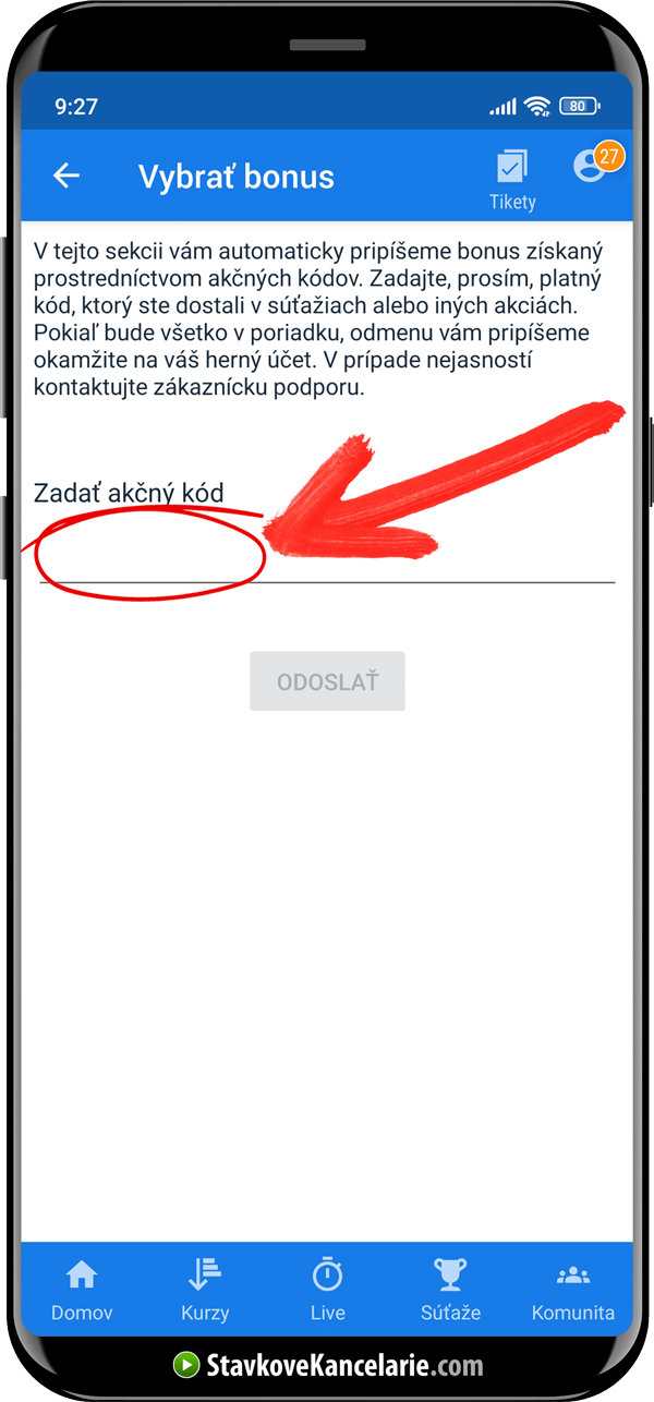 Screenshot kde vložiť akčný kód Tipsport