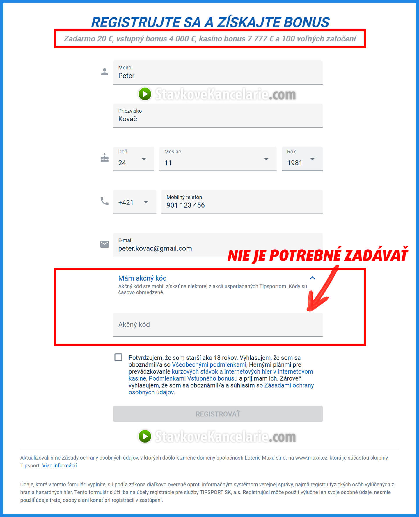 Aký akčný kód zadať pri registrácii do Tipsportu