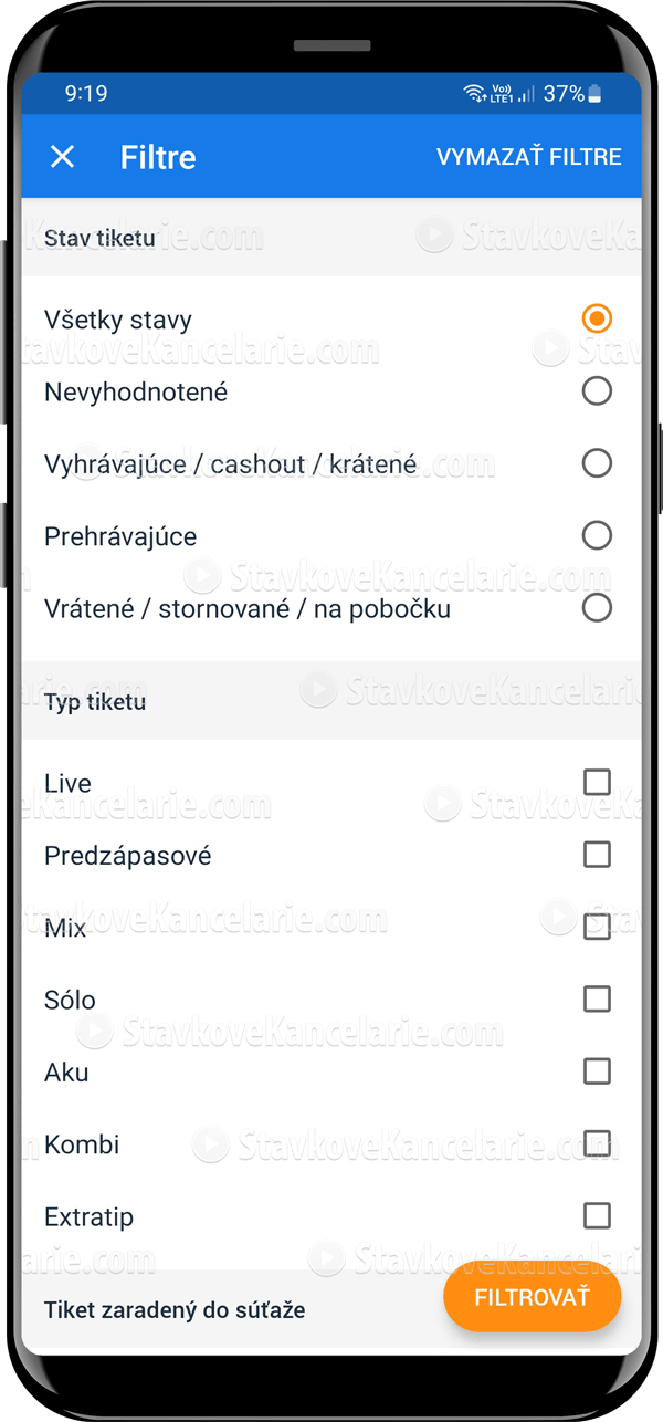 Filter podaných tiketov v aplikácii Tipsport