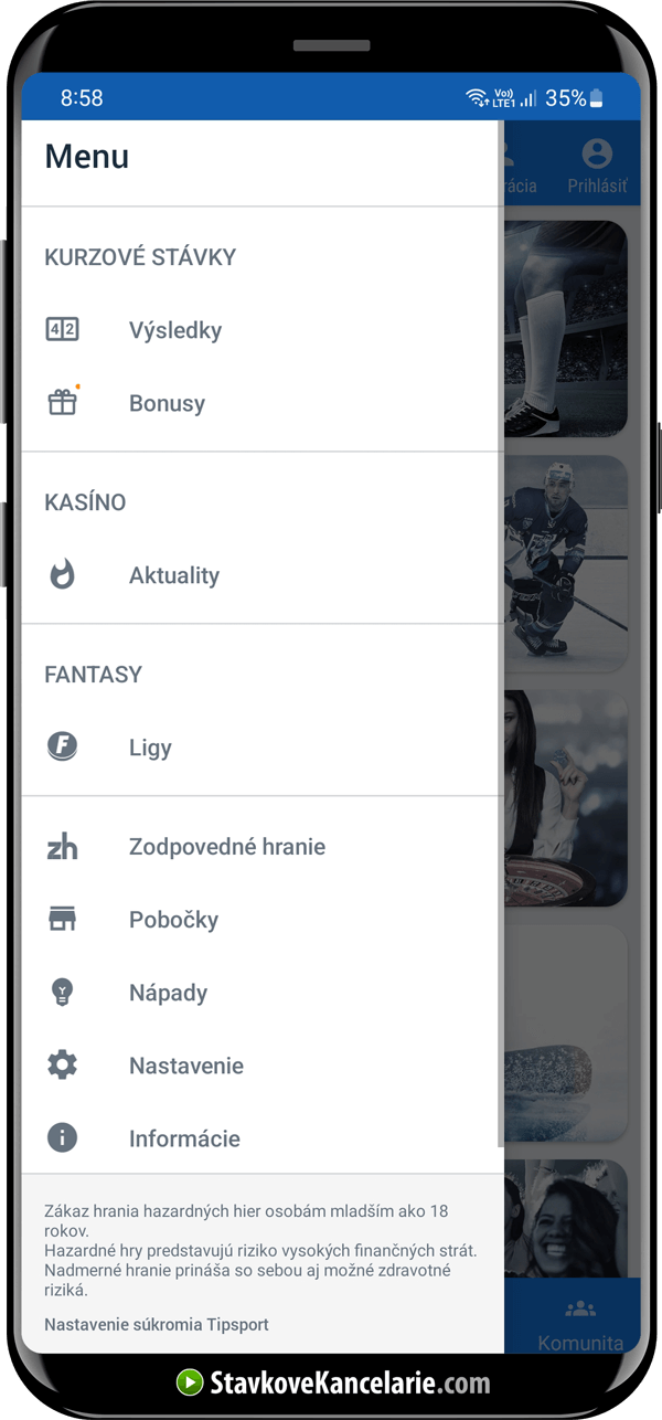 Bočné menu Tipsport aplikácie