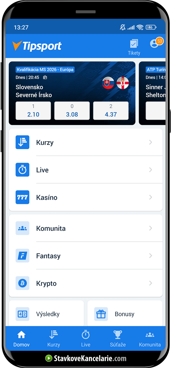 Menu mobilnej aplikácie Tipsport