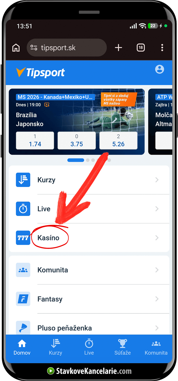 Kde nájsť Tipsport casino v mobilnej verzii stránky?