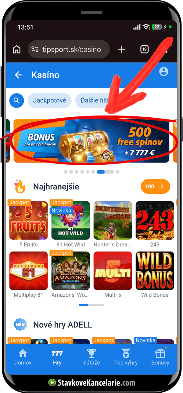 Tipsport free spiny a kasíno bonus pre nových hráčov na mobile