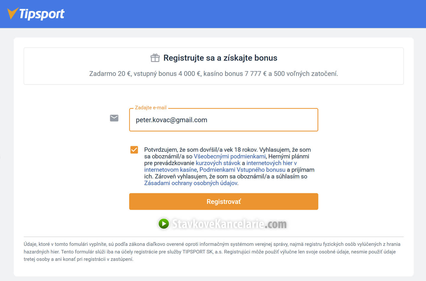 Registračný formulár v stávkovej kancelárii Tipsport