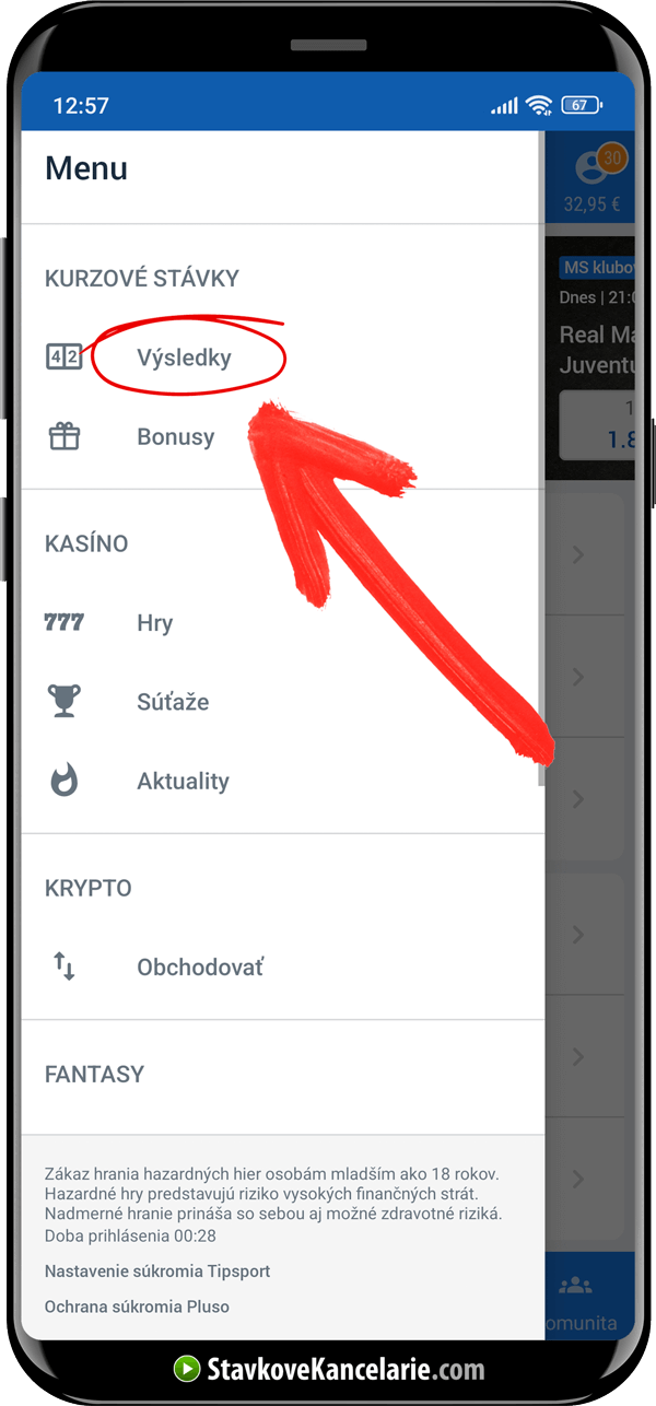 Výsledky v Tipsport app
