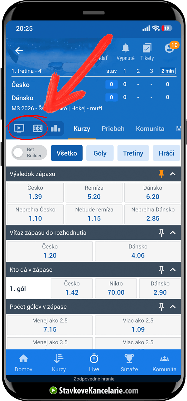 Kliknutím na ikonu prehrávača spustíte LIVE STREAM na TV Tipsport