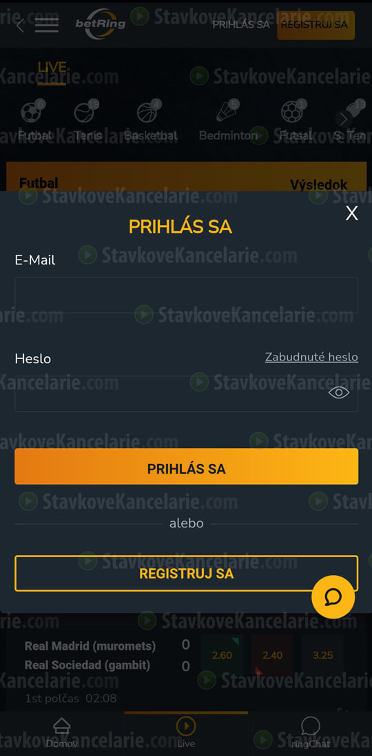 Ponuka aplikácie betRing