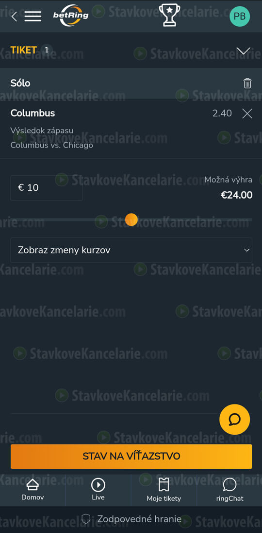 Tiket v mobilnej aplikácii betRing