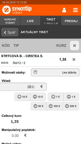 Tiket v mobilnej aplikácií SYNOT TIP