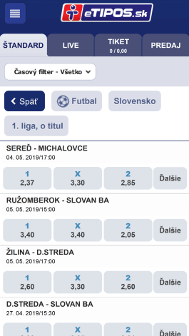 Kurzová ponuka mobilnej aplikácie eTipos