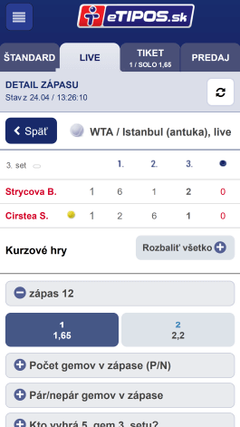 Live stávky v aplikácií eTipos
