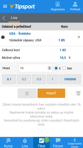 Tiket v mobilnej aplikácií Tipsport