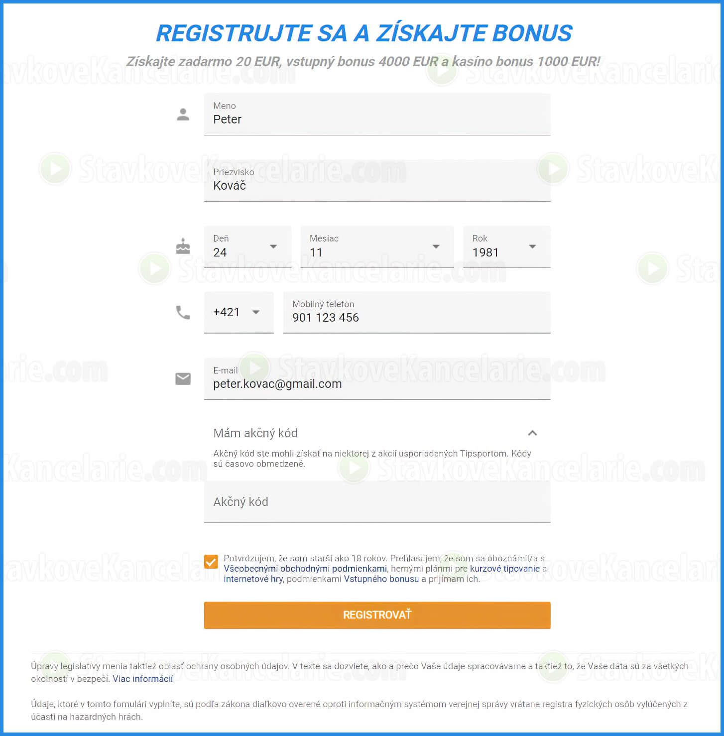 Registráčný formulár v Tipsporte