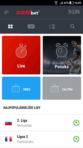 Úvodná obrazovka v DOXXbet aplikácii