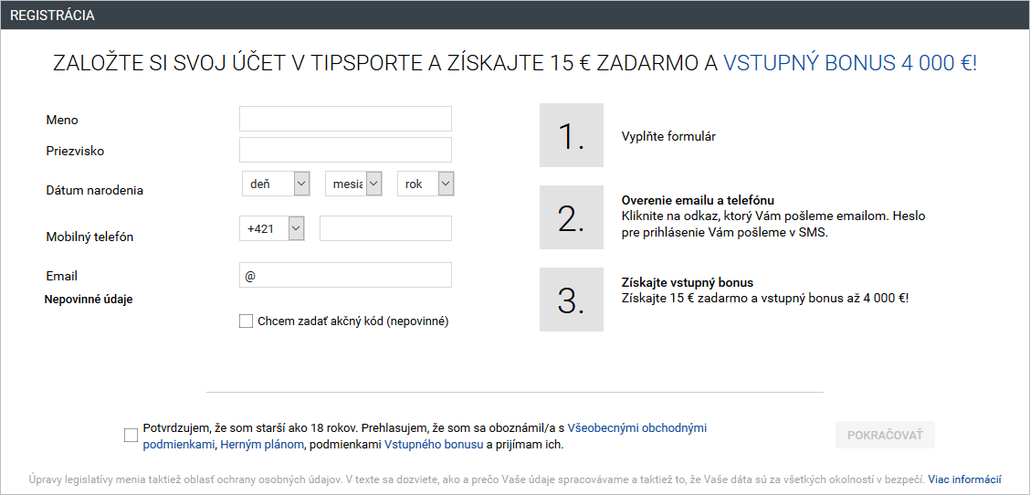 Založenie účtu v stávkovej kancelárií Tipsport