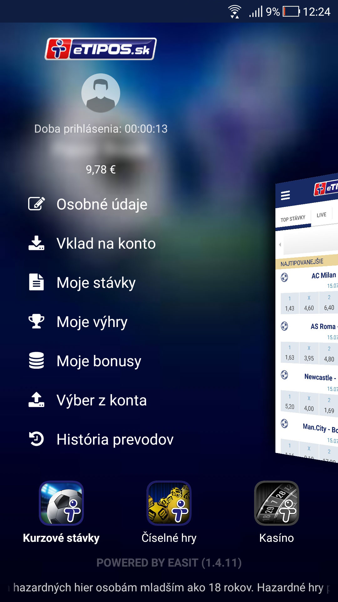 Bočné menu mobilnej aplikácie TIPOS