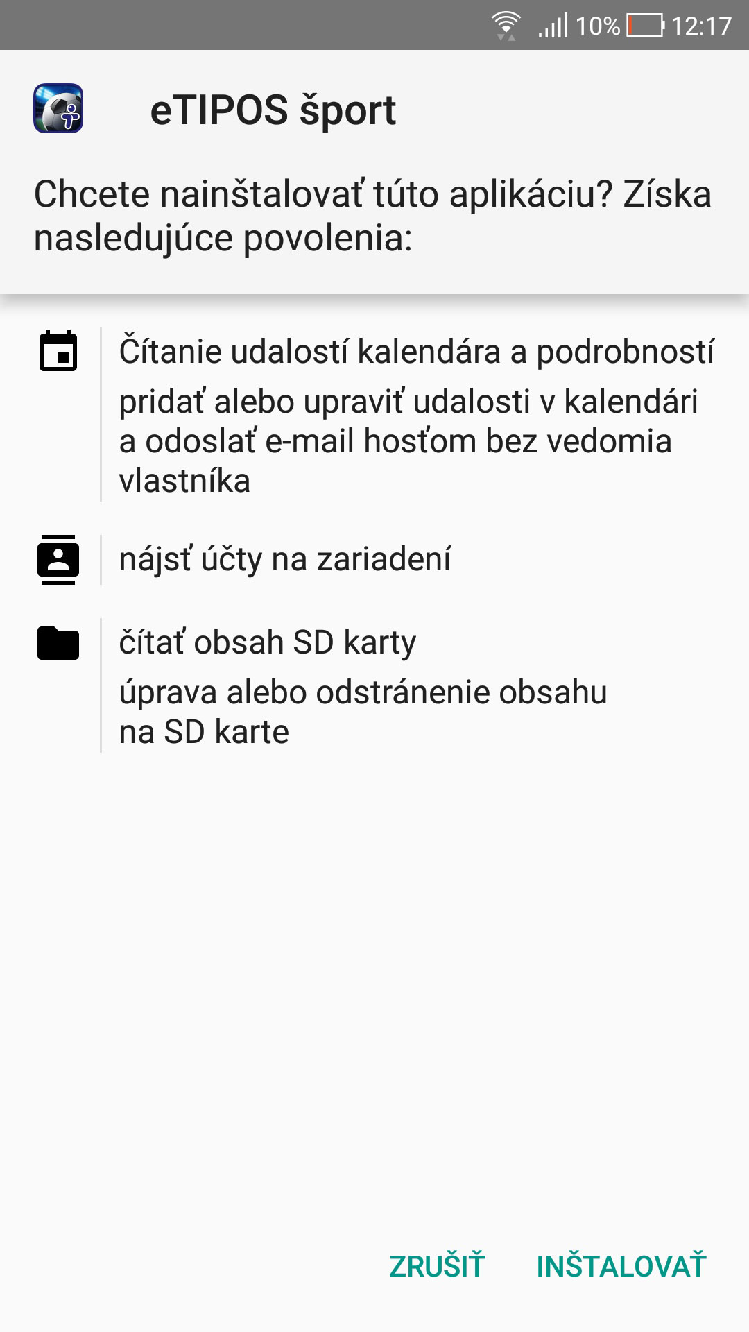Pred inštaláciou eTIPOS apk