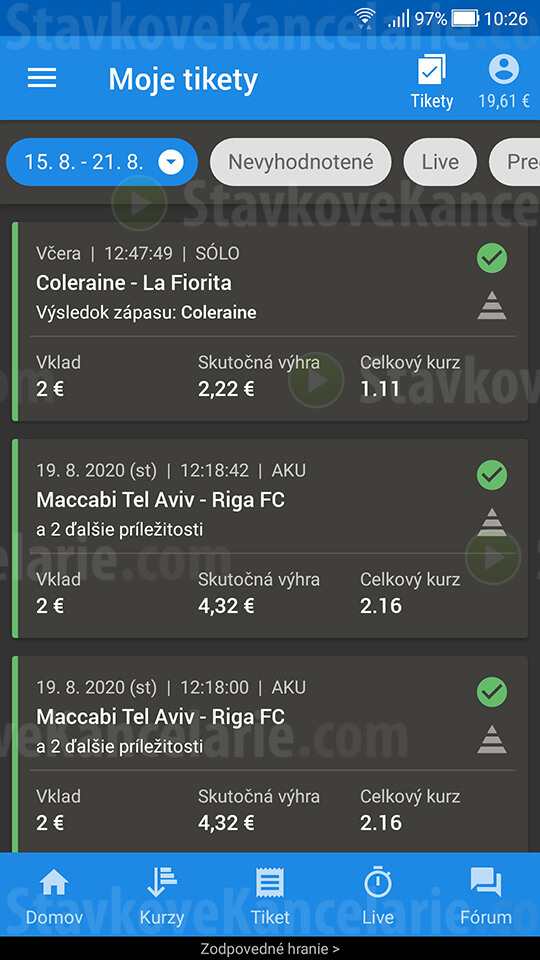 Prehľad tiketov v aplikácii Tipsport