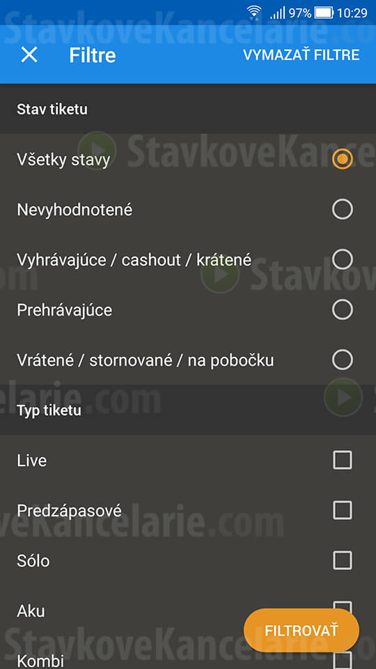 Filter podaných tiketov v aplikácii Tipsport