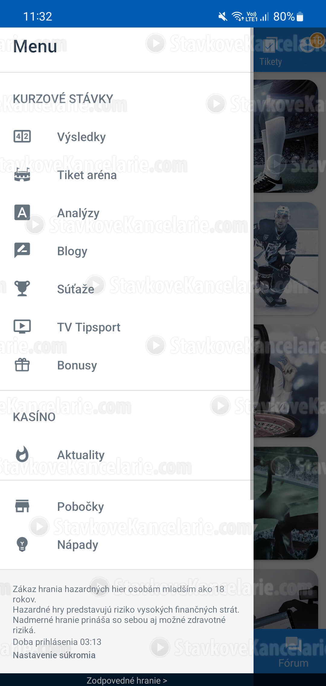 Hlavné menu Tipsport aplikácie