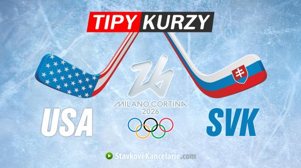 USA vs Slovensko kurzy ZOH 2026 na grafike s hokejkami, vlajkami tímov a logom olympiády.