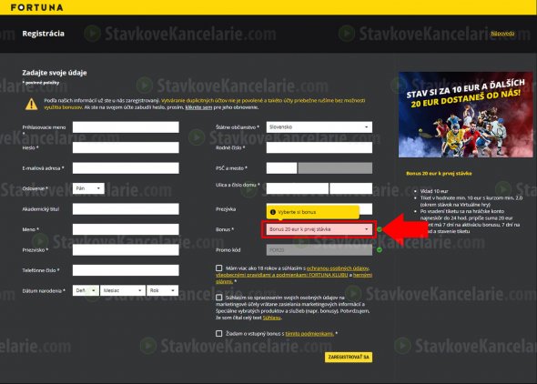 Registračný formulár stávkovej kancelárie Fortuna