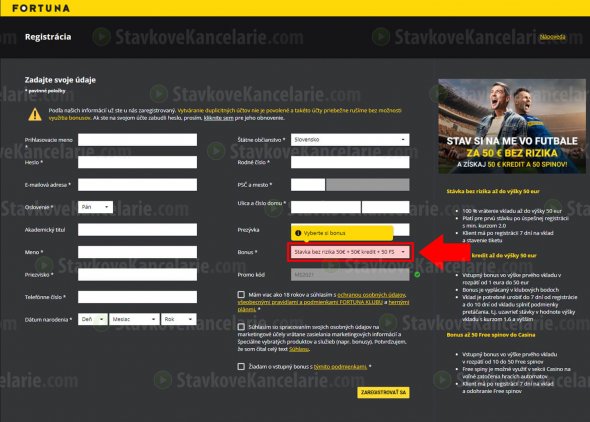 Registračný formulár stávkovej kancelárie Fortuna